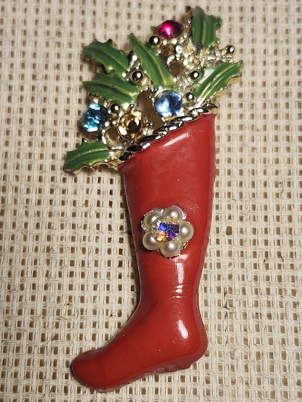 Festive Red Stocking Brooch with Green Holly and Multicolor Stones